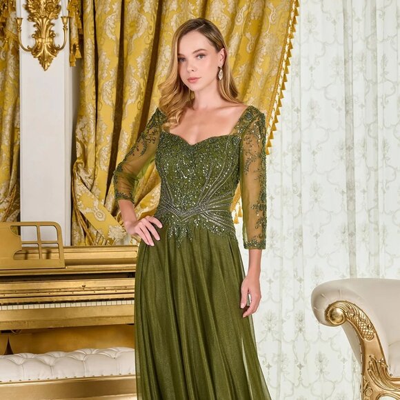 New Olive Beads Embellished A-Line Maxi Mesh Mother Of Bride Dress GL3787 - Picture 8 of 14